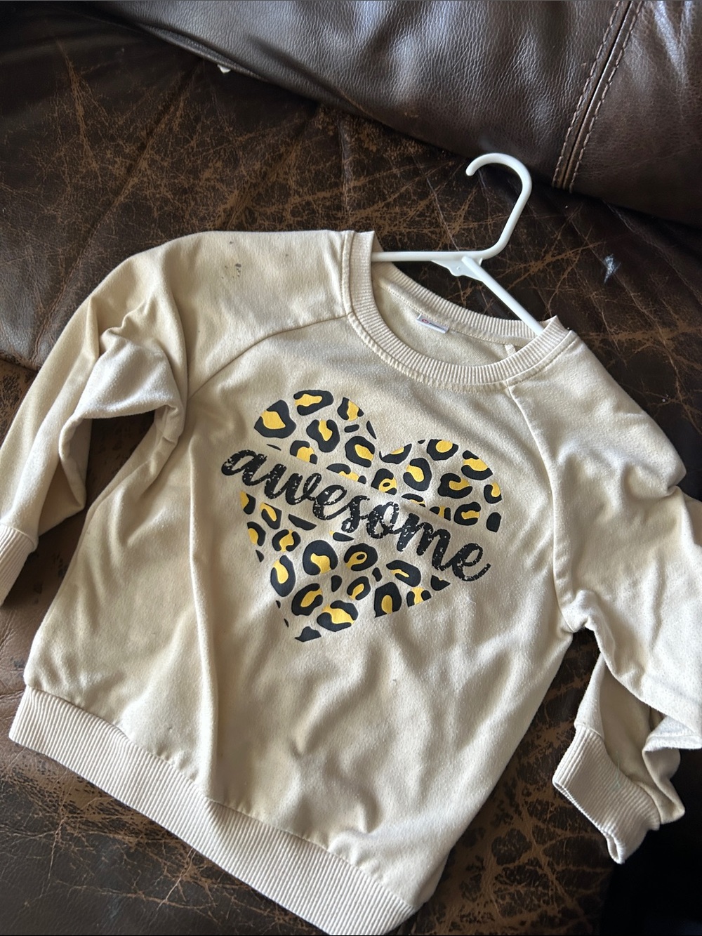 PatPat Cream Sweatshirt with Leopard Heart and "Awesome" Graphic